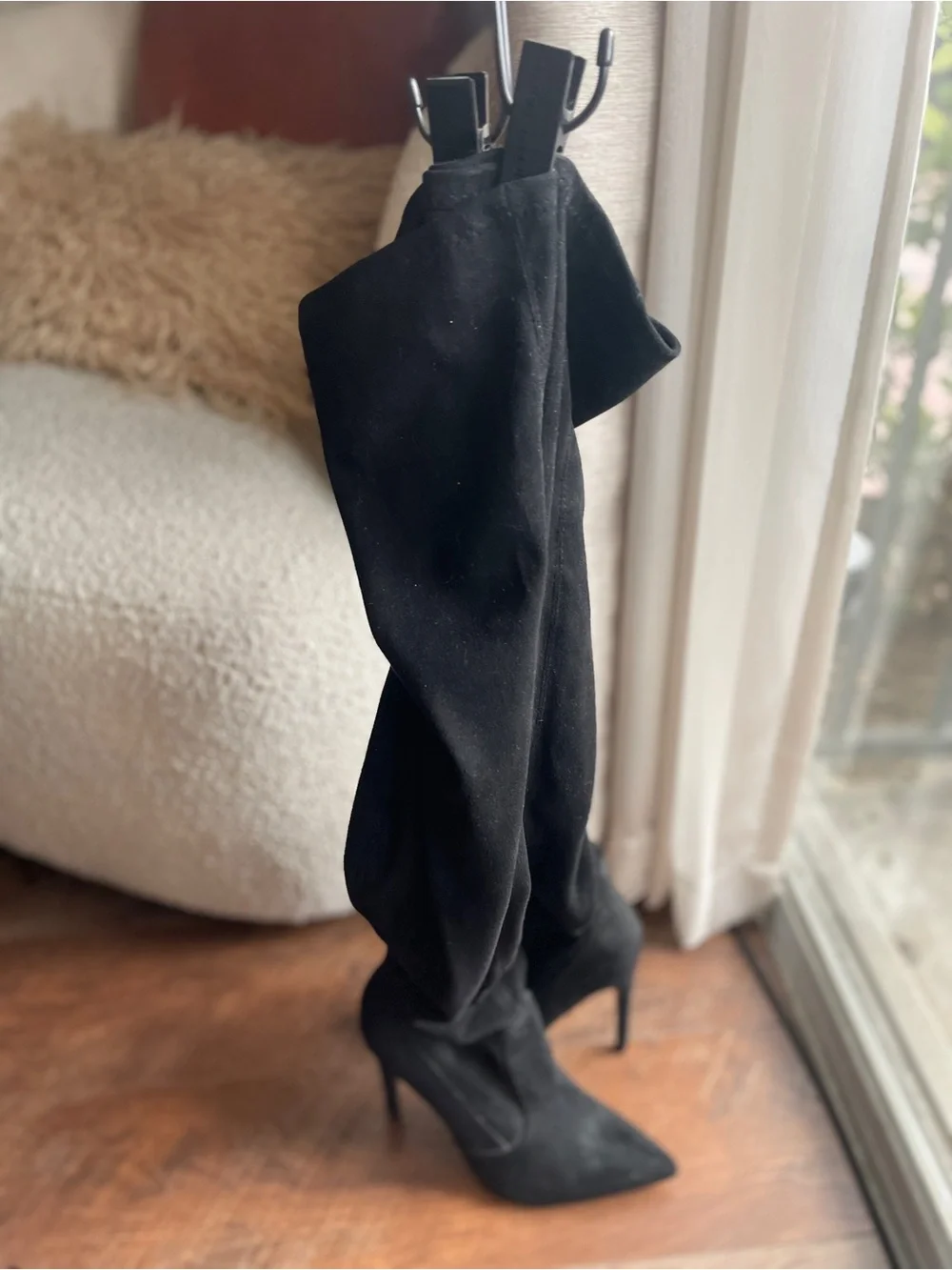Black Over-the-Knee Suede Pointed Toe Stiletto Boots